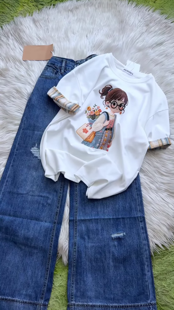 Embroidered Girl-Graphic Crew-Neck T-Shirt with Plaid Cuffed Sleeves - Photo 2