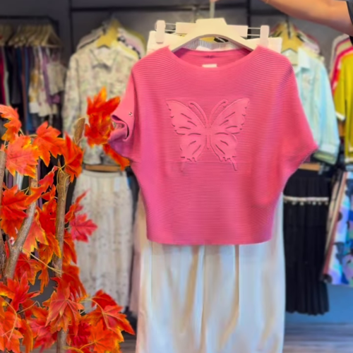 3324-2.png Ribbed Butterfly-Embellished Pink Top and White Skirt Co-ord Set