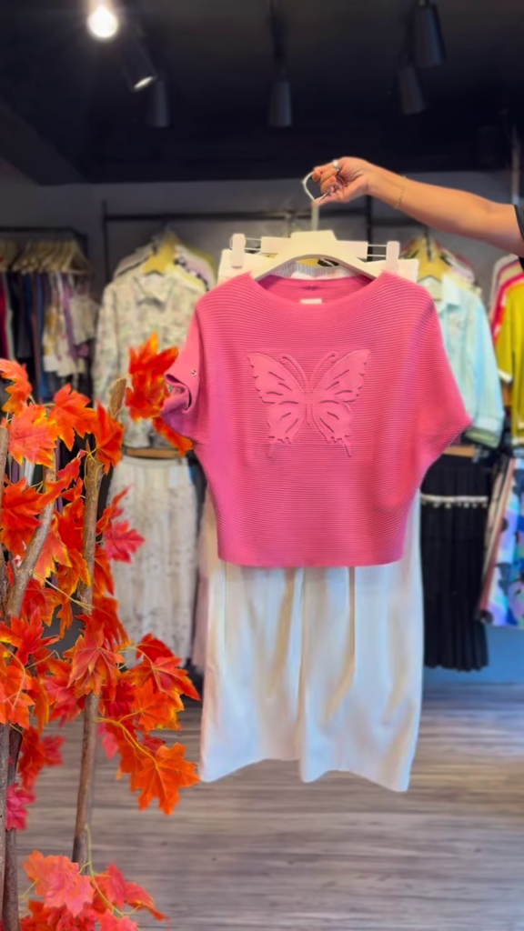 Ribbed Butterfly-Embellished Pink Top and White Skirt Co-ord Set - Photo 1