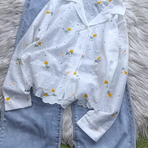 3326-1.png Eyelet Floral Embroidered Button-Down Shirt and Denim Set