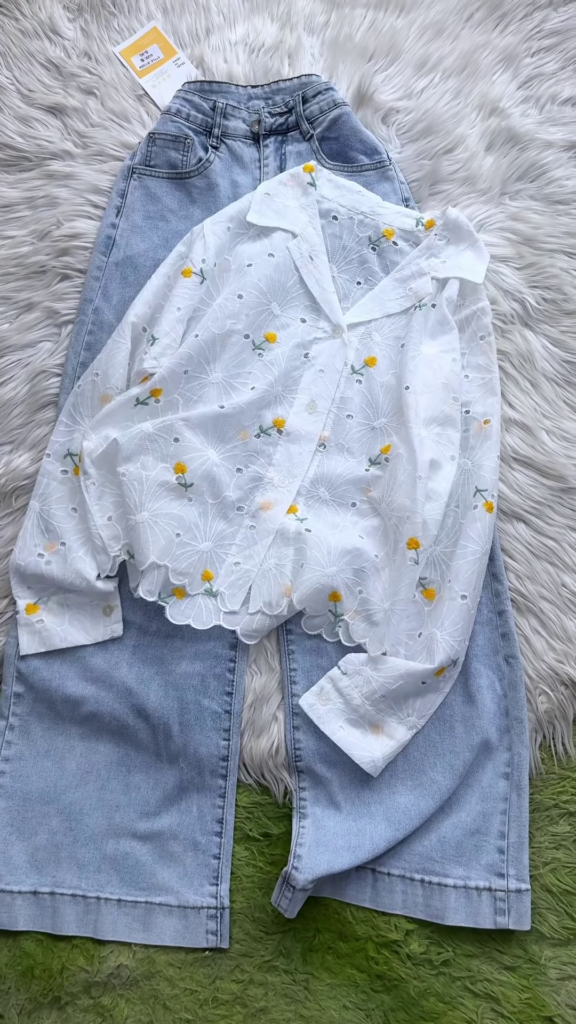 Eyelet Floral Embroidered Button-Down Shirt and Denim Set - Photo 1