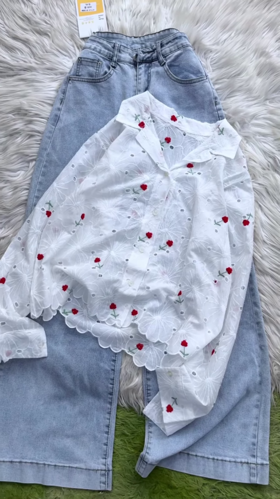 Eyelet Floral Embroidered Button-Down Shirt and Denim Set - Photo 4