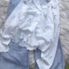 Eyelet Floral Embroidered Button-Down Shirt and Denim Set