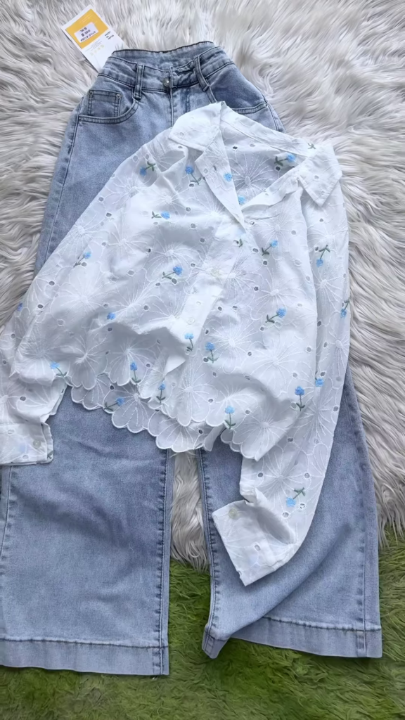 Eyelet Floral Embroidered Button-Down Shirt and Denim Set - Photo 3