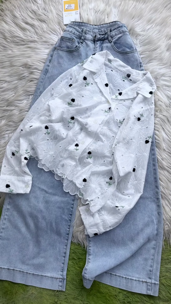 Eyelet Floral Embroidered Button-Down Shirt and Denim Set - Photo 2