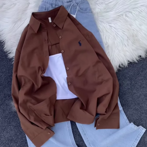 3327-1.png Classic Brown Button-Down Shirt and Light-Wash Denim Co-ord Set