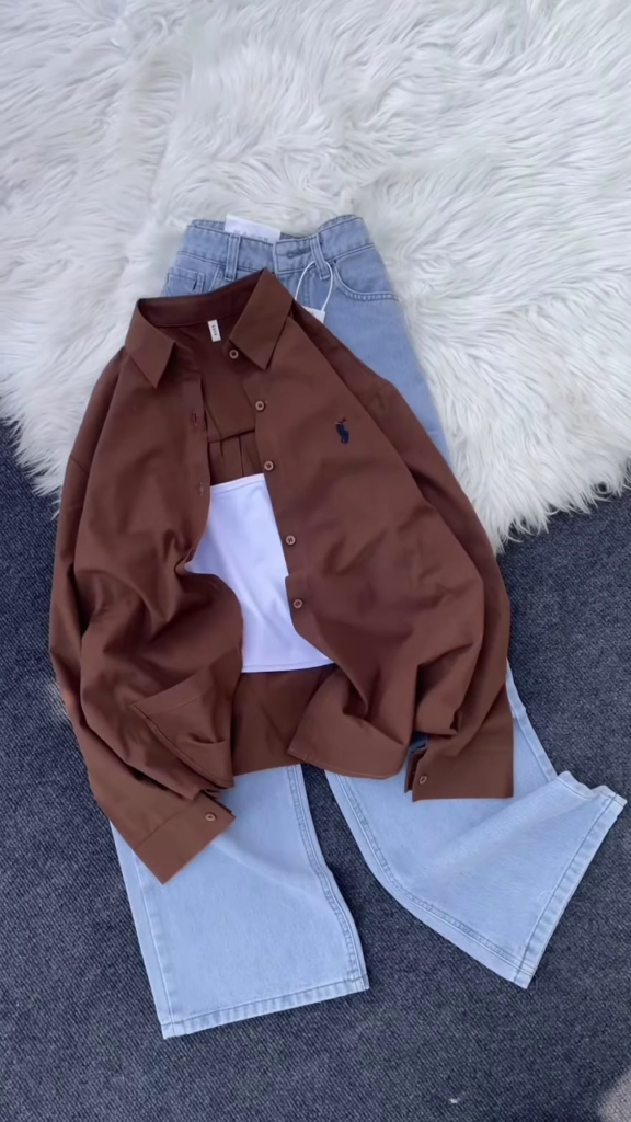 Classic Brown Button-Down Shirt and Light-Wash Denim Co-ord Set - Photo 1