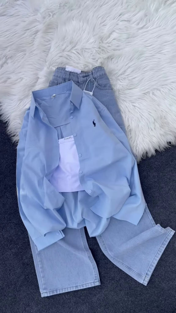 Classic Brown Button-Down Shirt and Light-Wash Denim Co-ord Set - Photo 3