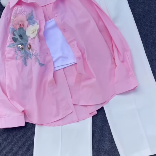 3329-1.png Floral Appliqué Pink Shirt and White Trouser Co-ord Set