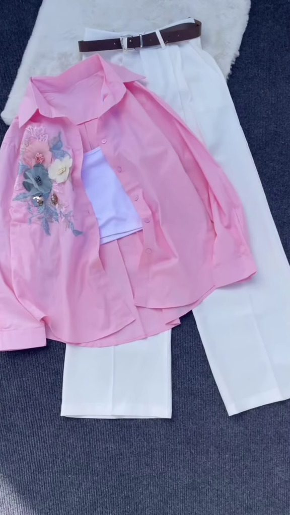 Floral Appliqué Pink Shirt and White Trouser Co-ord Set - Photo 1
