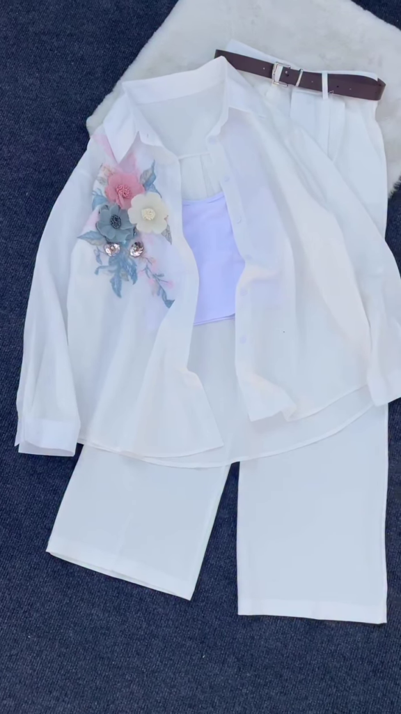 Floral Appliqué Pink Shirt and White Trouser Co-ord Set - Photo 3