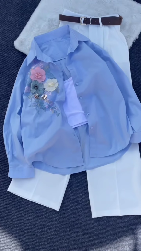 Floral Appliqué Pink Shirt and White Trouser Co-ord Set - Photo 2