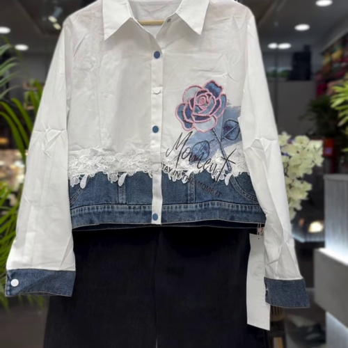3330-2.png Mixed-Media Floral Denim-Paneled Shirt and Trouser Set