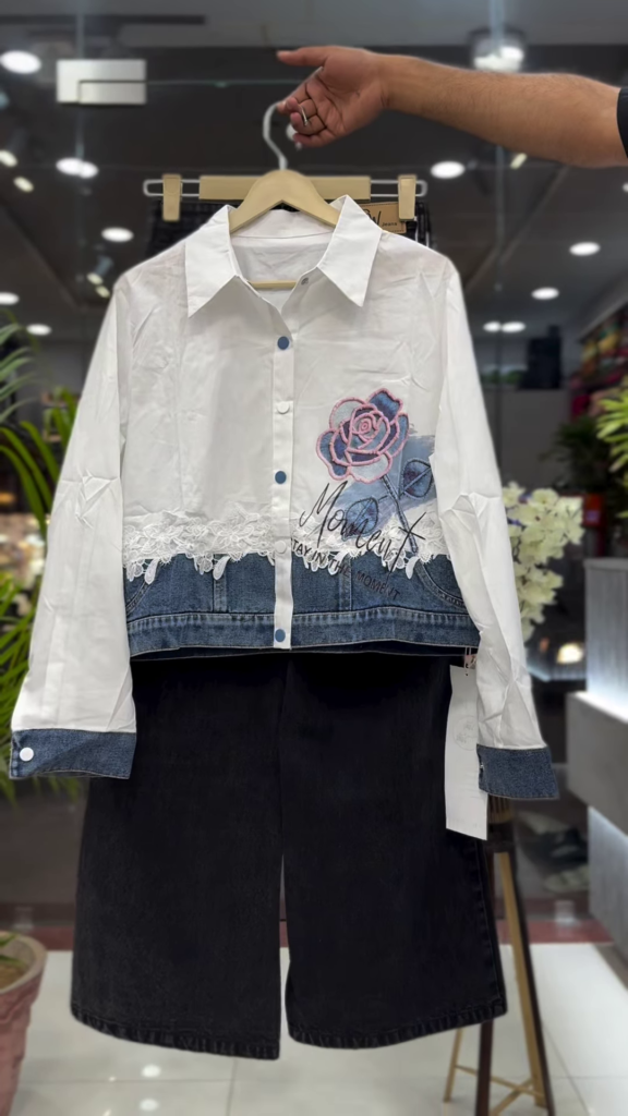 Mixed-Media Floral Denim-Paneled Shirt and Trouser Set - Photo 1