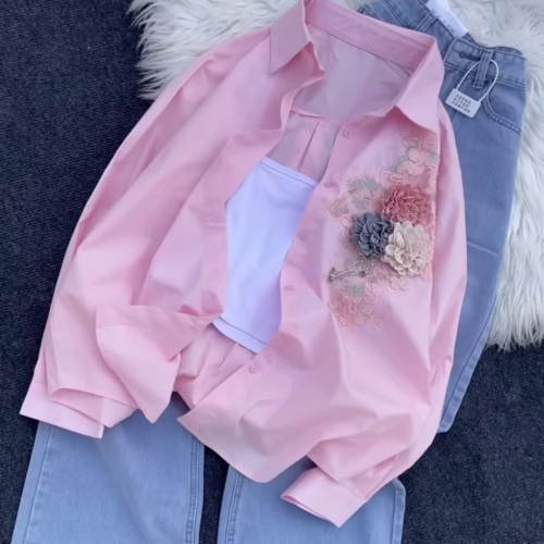 3333-1.png Floral Appliqué Button-Down Shirt and Denim Co-ord Set