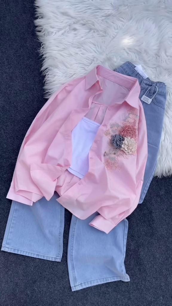 Floral Appliqué Button-Down Shirt and Denim Co-ord Set - Photo 1