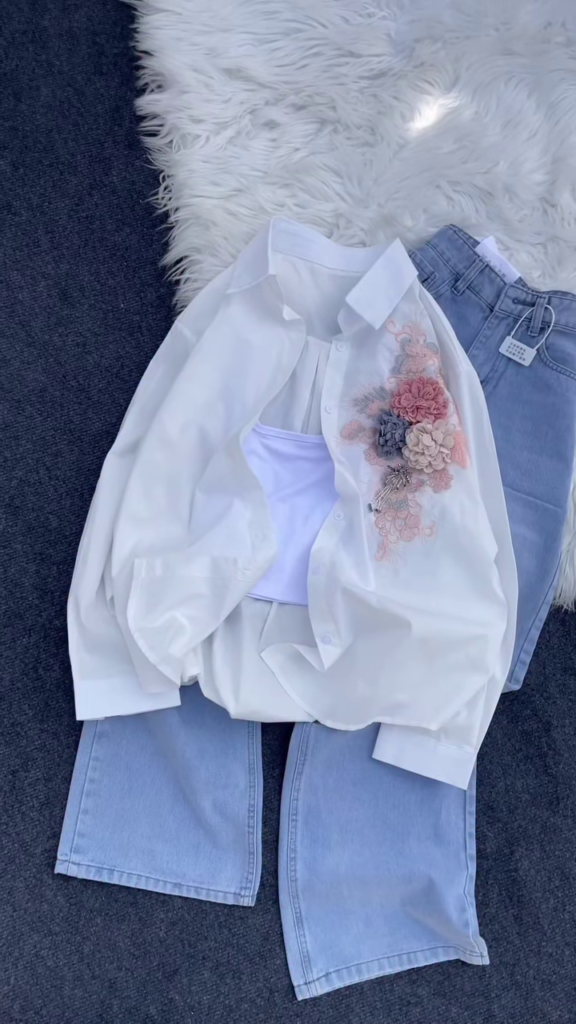 Floral Appliqué Button-Down Shirt and Denim Co-ord Set - Photo 3