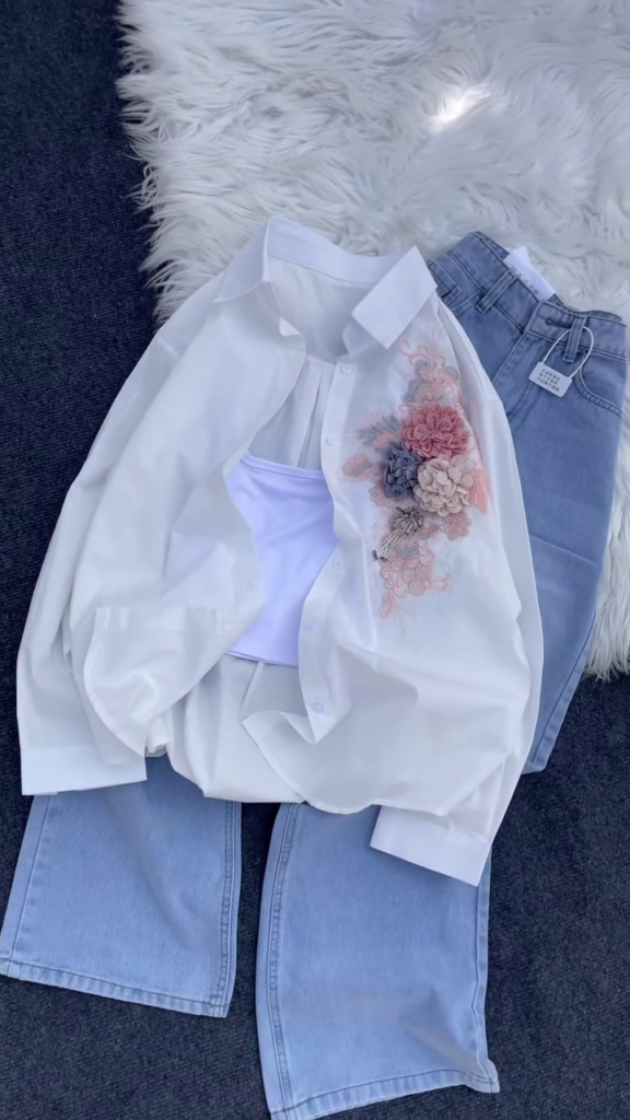 Floral Appliqué Button-Down Shirt and Denim Co-ord Set - Photo 4