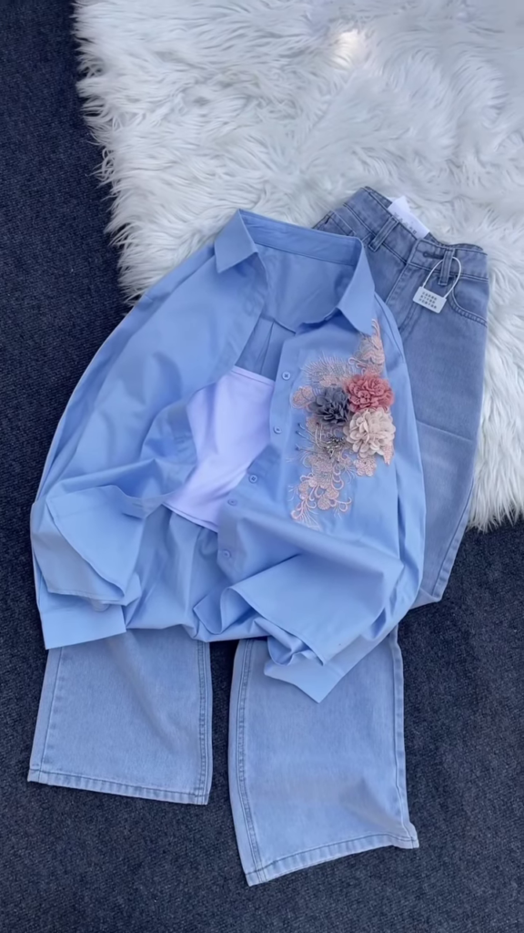Floral Appliqué Button-Down Shirt and Denim Co-ord Set - Photo 2