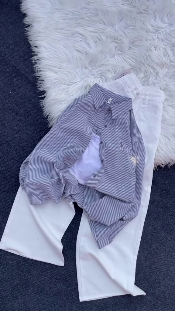 Classic Striped Button-Down Shirt and Trouser Co-ord Set - Photo 2