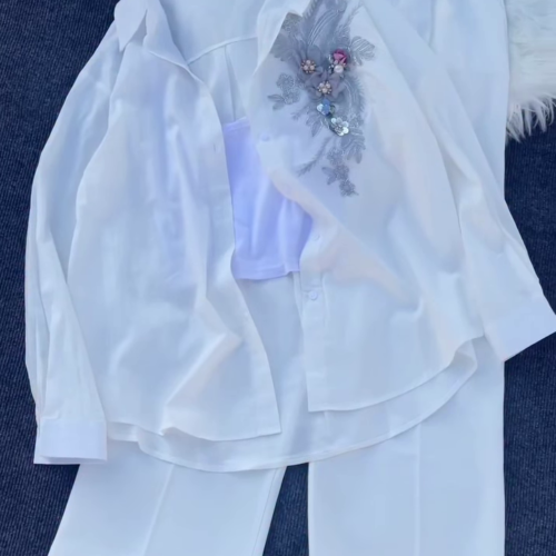 3335-1.png Floral Appliqué Pink Shirt and White Trouser Co-ord Set