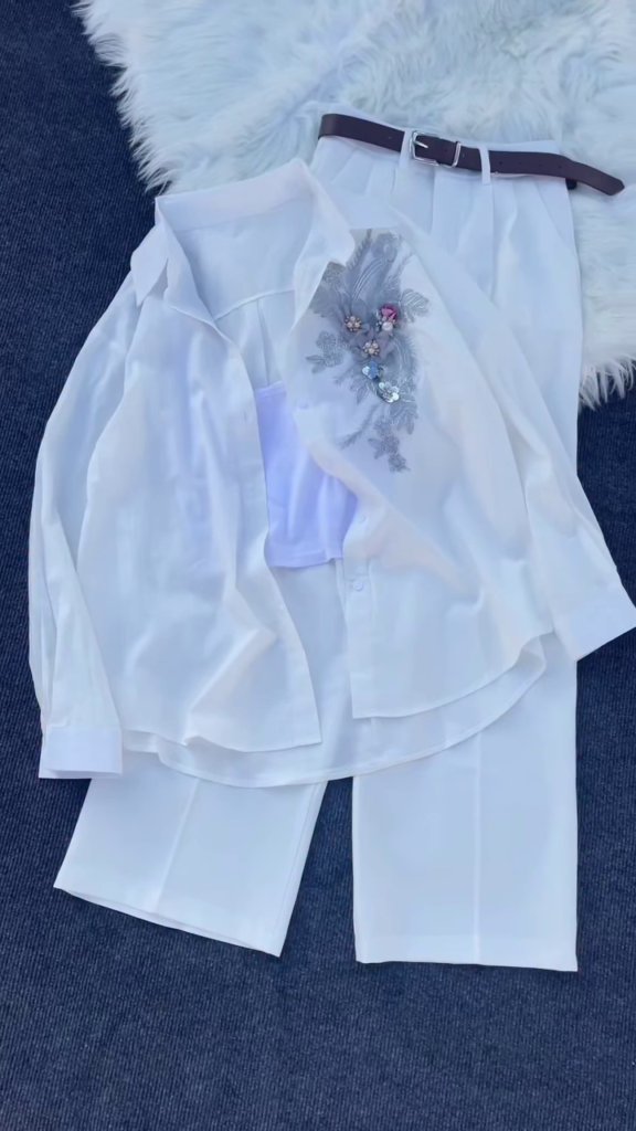 Floral Appliqué Pink Shirt and White Trouser Co-ord Set - Photo 1