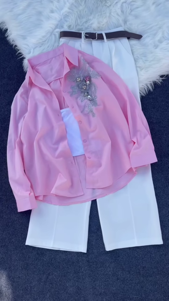 Floral Appliqué Pink Shirt and White Trouser Co-ord Set - Photo 3