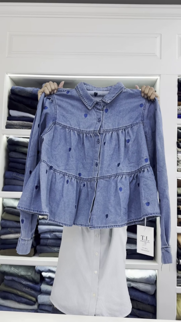 Peplum-Style Heart-Embroidered Denim Shirt - Photo 1