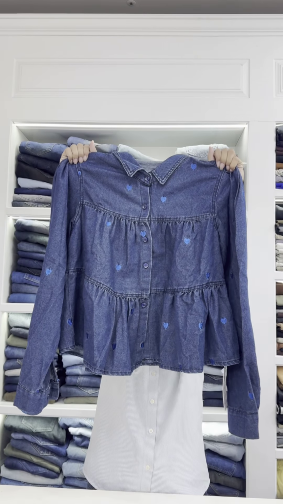Peplum-Style Heart-Embroidered Denim Shirt - Photo 2