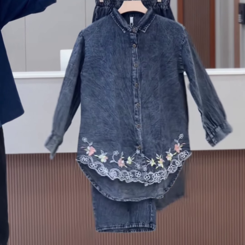 3340-1.png Acid-Wash Denim Shirt and Trouser Co-ord Set with Floral Embroidery