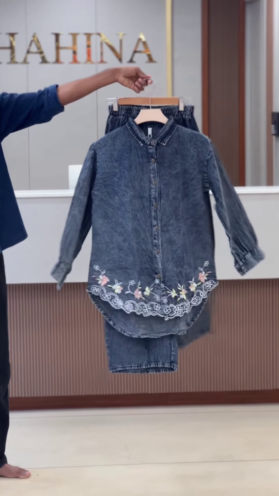 Acid-Wash Denim Shirt and Trouser Co-ord Set with Floral Embroidery - Photo 1
