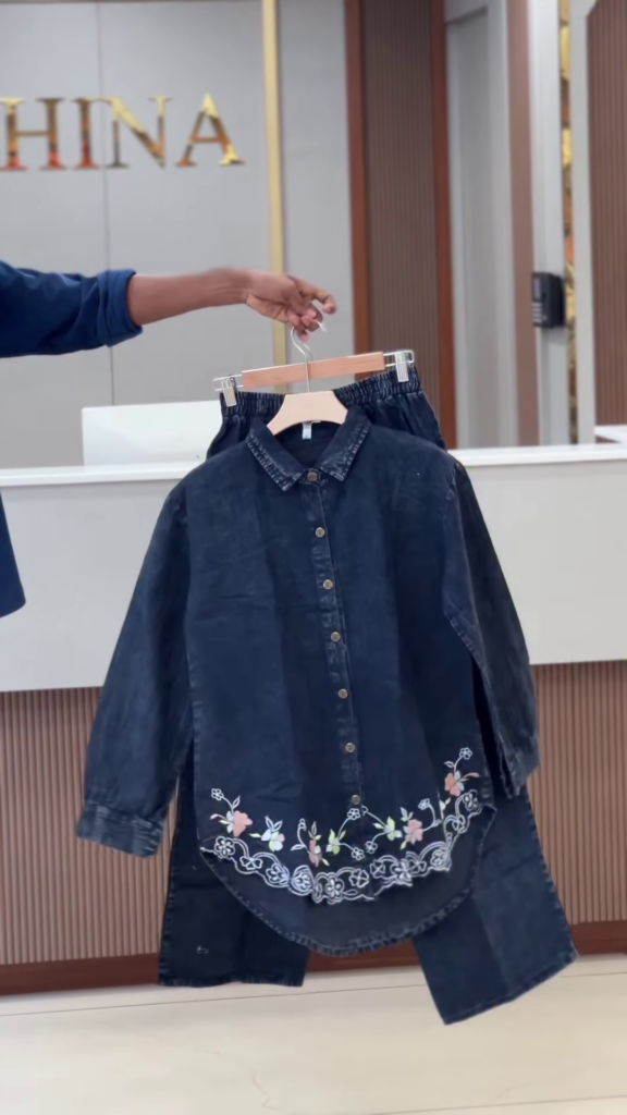 Acid-Wash Denim Shirt and Trouser Co-ord Set with Floral Embroidery - Photo 2