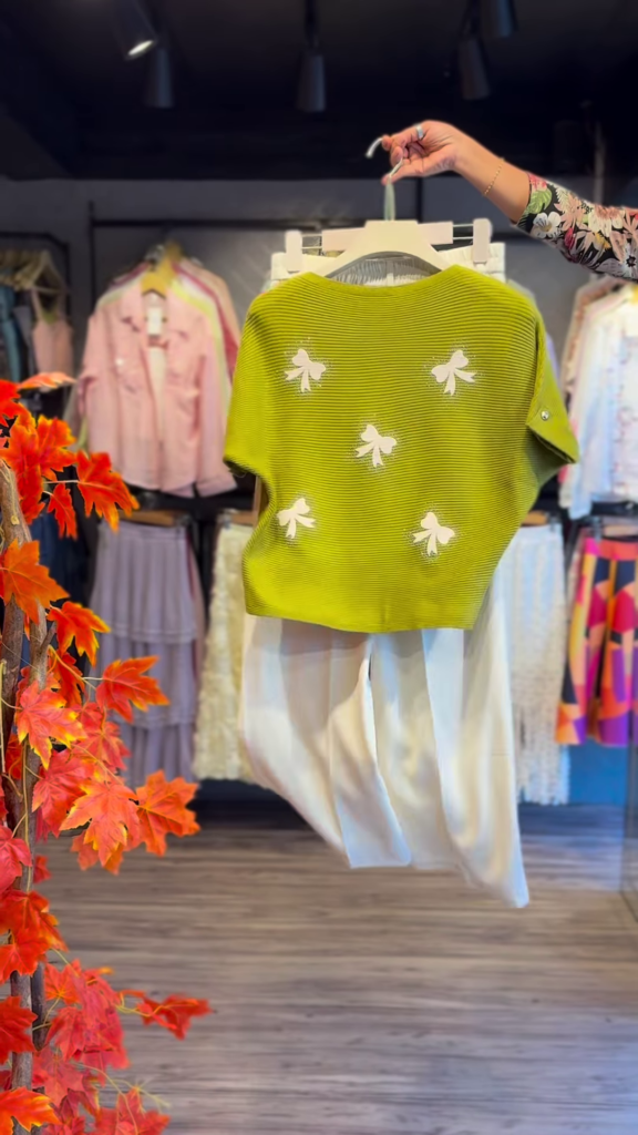 Ribbed Bow-Embellished Olive Top and Trouser Co-ord Set - Photo 1