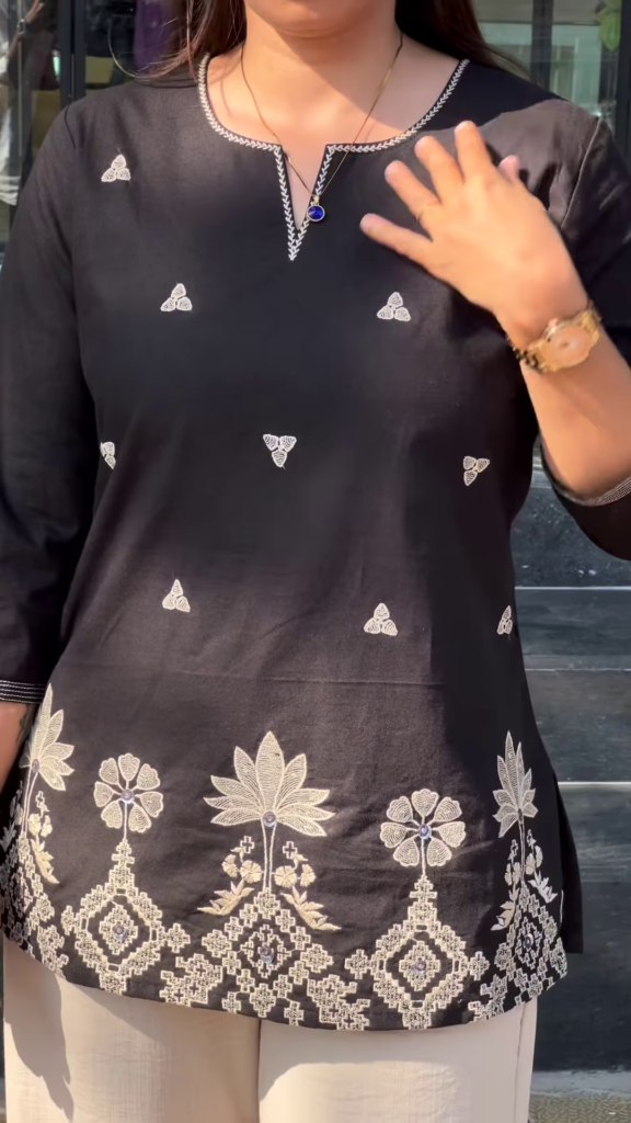 Embroidered Black Kurti with White Contrast Detailing - Photo 3
