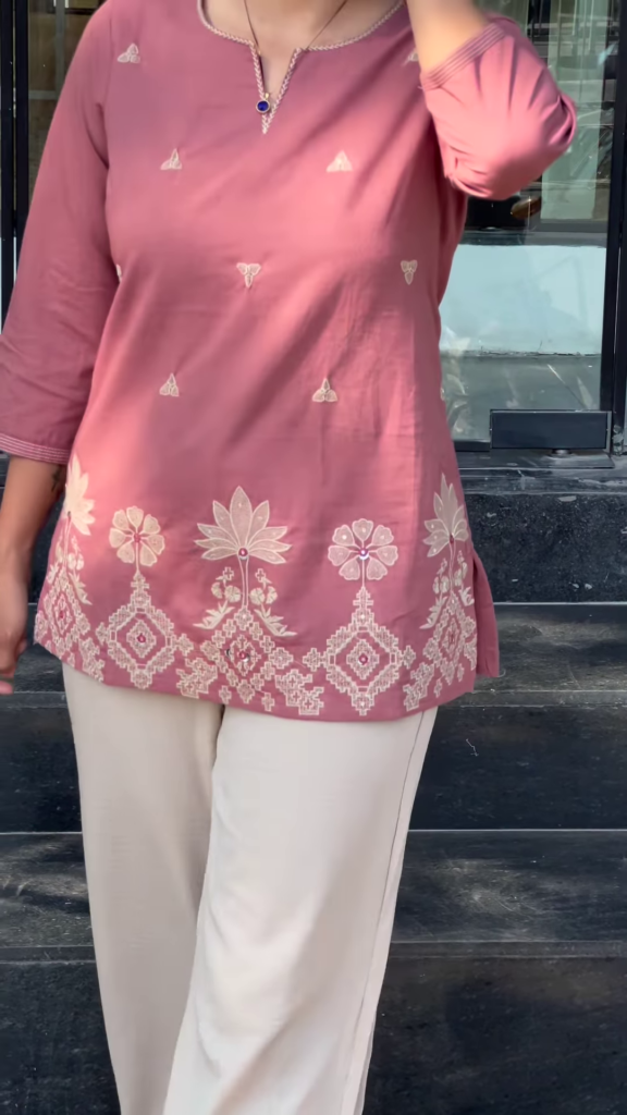 Embroidered Black Kurti with White Contrast Detailing - Photo 2