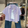 3348-1.png Pastel Button-Down Crop Shirt and Rhinestone-Embellished Denim Co-ord Set