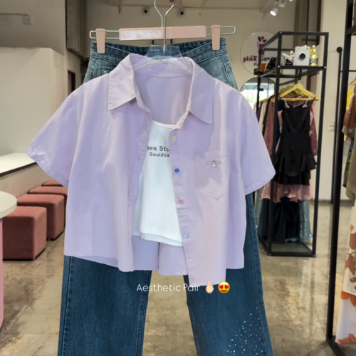 3348-1.png Pastel Button-Down Crop Shirt and Rhinestone-Embellished Denim Co-ord Set