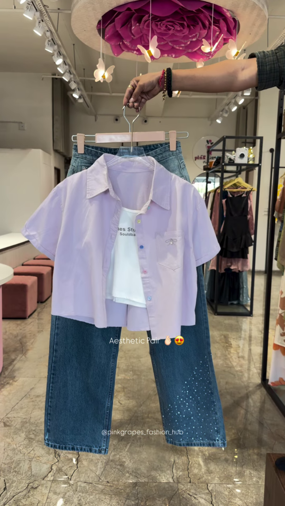 Pastel Button-Down Crop Shirt and Rhinestone-Embellished Denim Co-ord Set - Photo 1