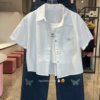 3348-2.png Pastel Button-Down Crop Shirt and Rhinestone-Embellished Denim Co-ord Set