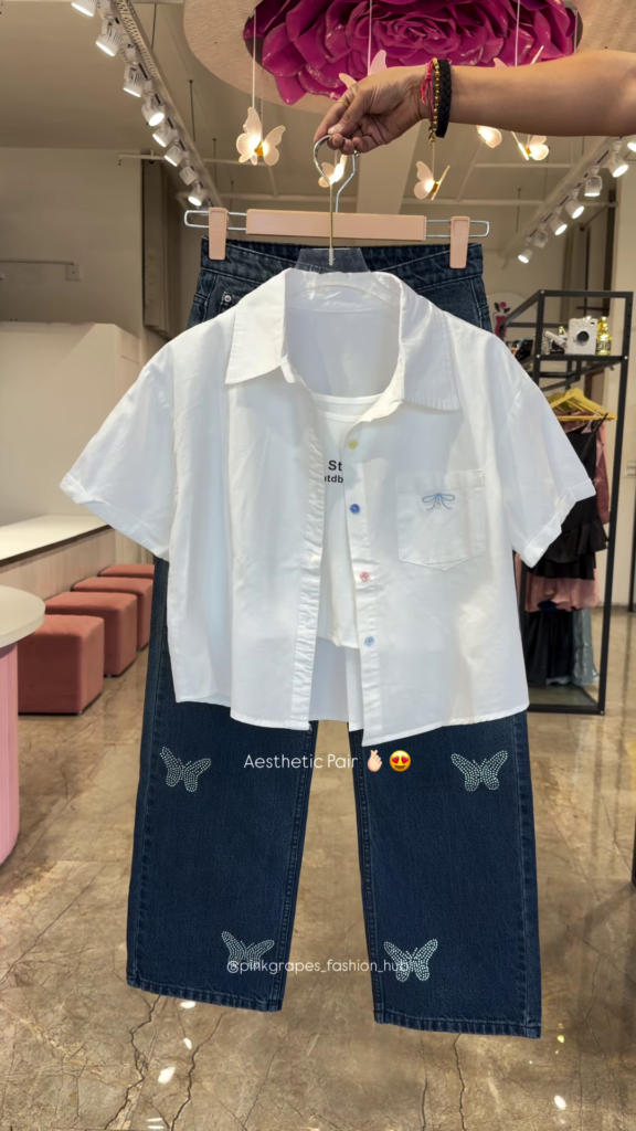 Pastel Button-Down Crop Shirt and Rhinestone-Embellished Denim Co-ord Set - Photo 5