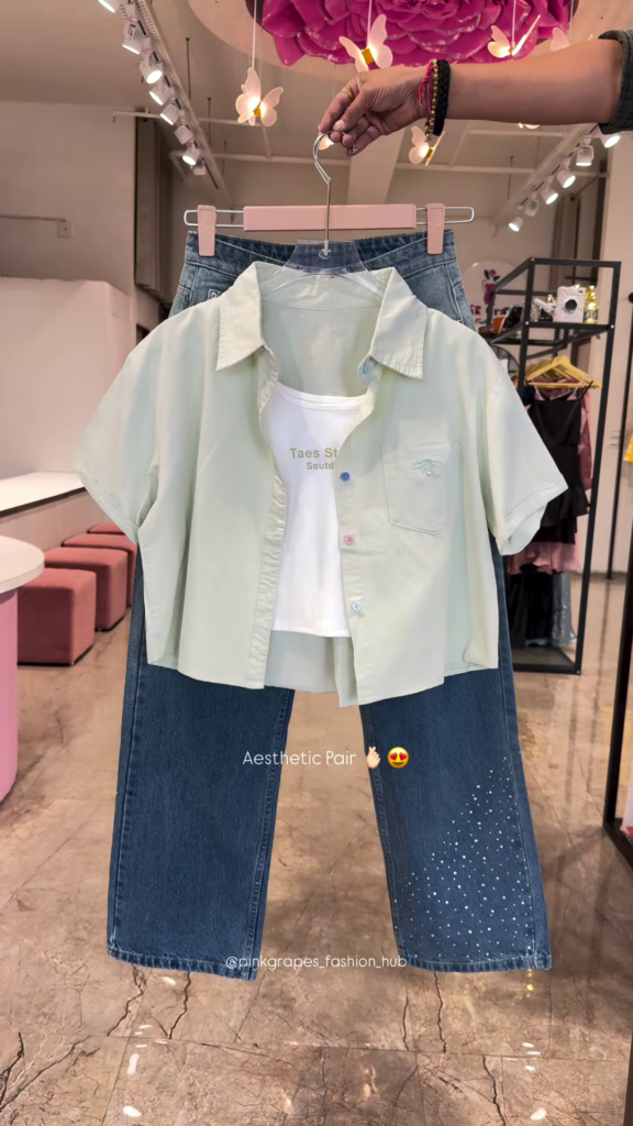 Pastel Button-Down Crop Shirt and Rhinestone-Embellished Denim Co-ord Set - Photo 3