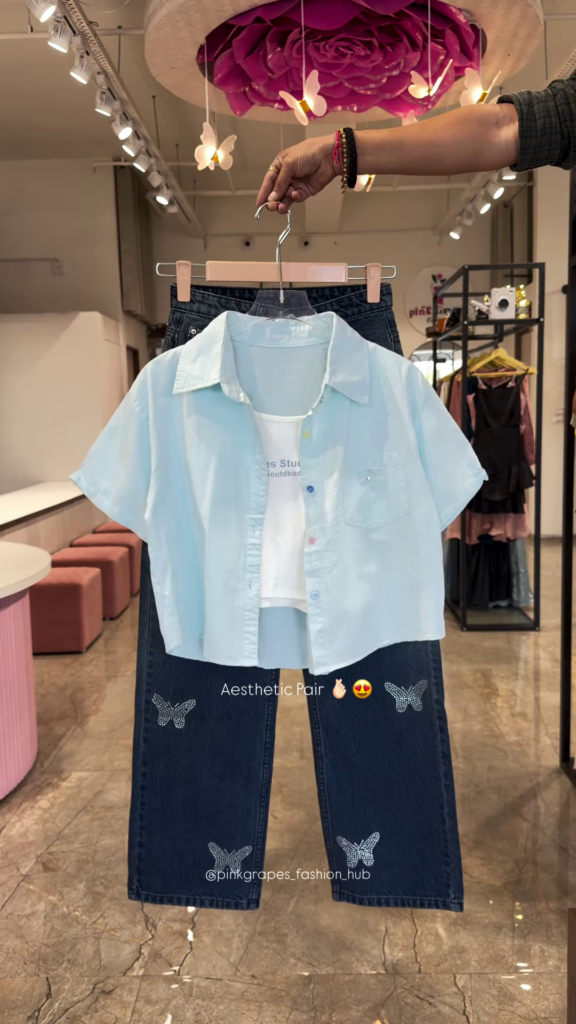 Pastel Button-Down Crop Shirt and Rhinestone-Embellished Denim Co-ord Set - Photo 2