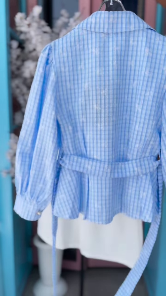 Blue Gingham Puff-Sleeve Shirt and White Trouser Co-ord Set - Photo 2