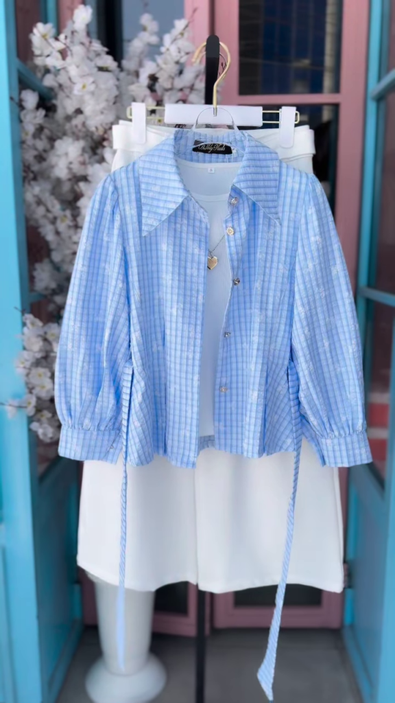 Blue Gingham Puff-Sleeve Shirt and White Trouser Co-ord Set - Photo 1