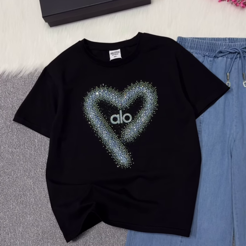 3361-1.png Rhinestone Heart-Embellished Logo T-Shirt and Denim Trousers Set