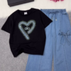 Rhinestone Heart-Embellished Logo T-Shirt and Denim Trousers Set