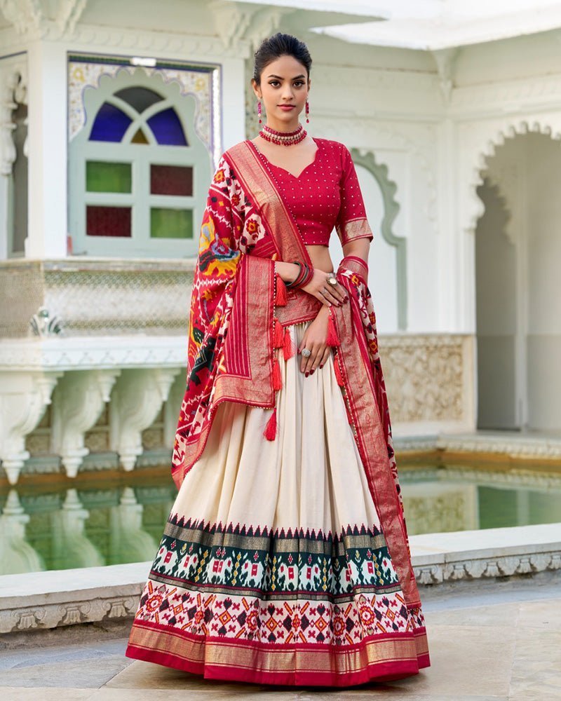 Off-White Color Tussar Silk Patola Printed Lehenga Choli - Photo 1