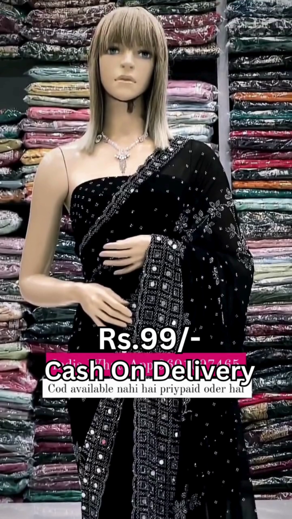 Midnight Noir Shimmer Saree with Mirror-Work Artistry - Photo 2