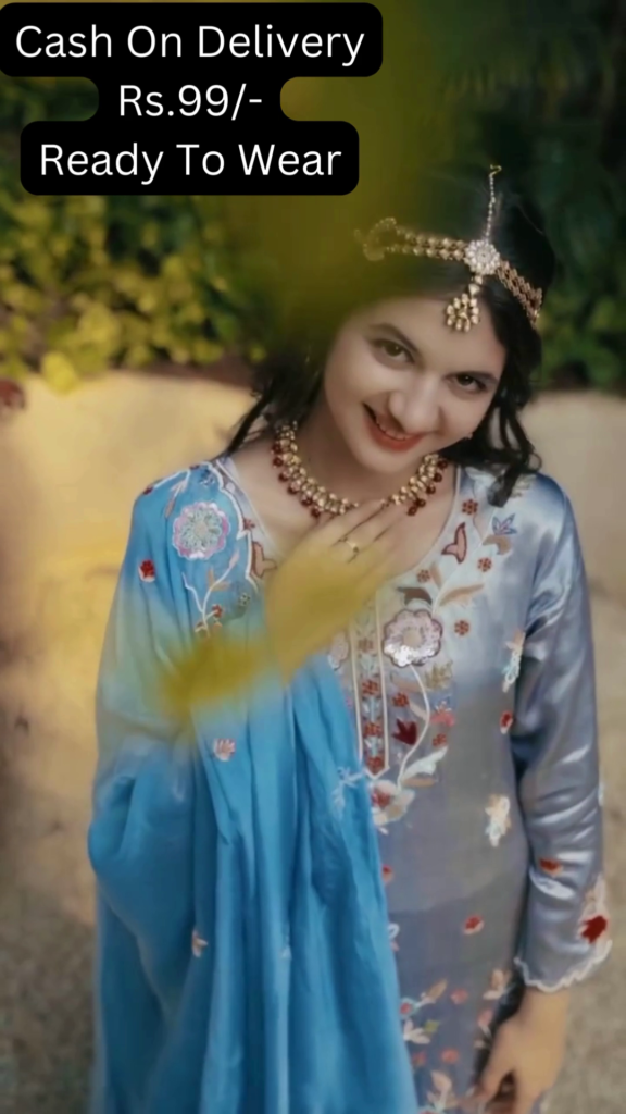 Celestial Blue Silk Sharara Set with Floral Artistry - Photo 2