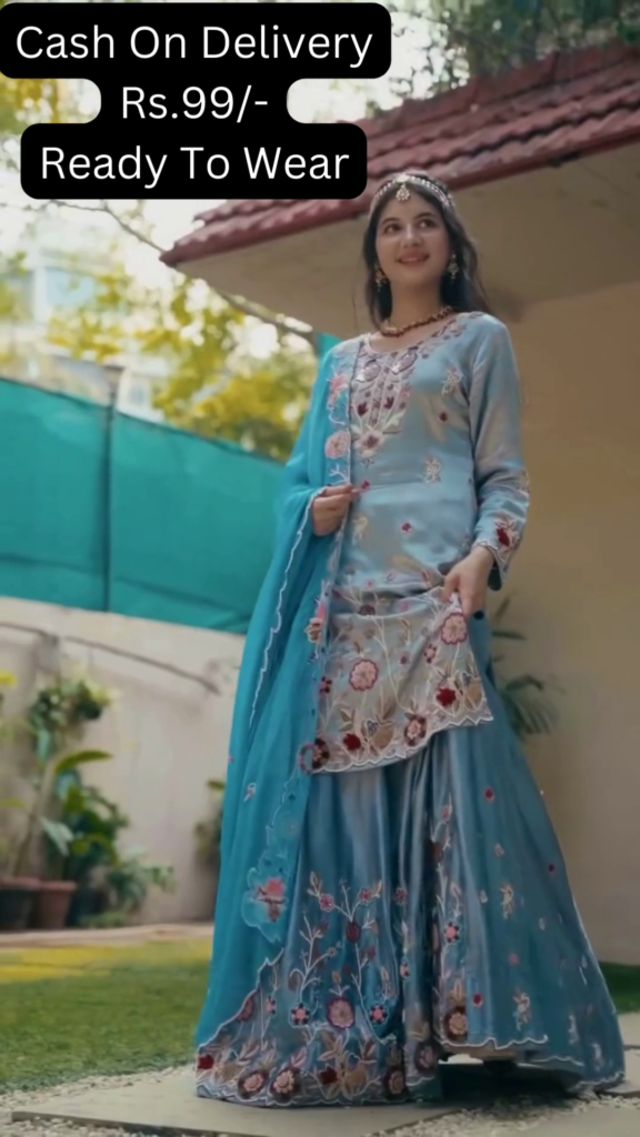 Celestial Blue Silk Sharara Set with Floral Artistry - Photo 1